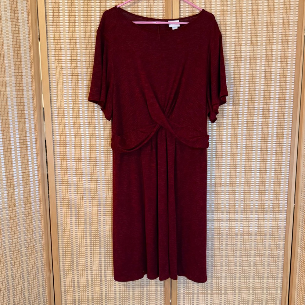 Ava & Viv Womens 2X Burgundy Twist Front Short Sleeve Sheath Dress Heathered
